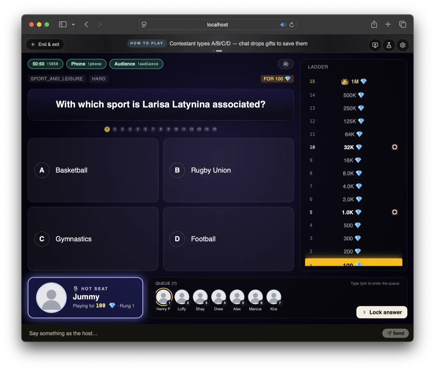 The Who Wants to be a Big Giftor stage mid-round during a live stream