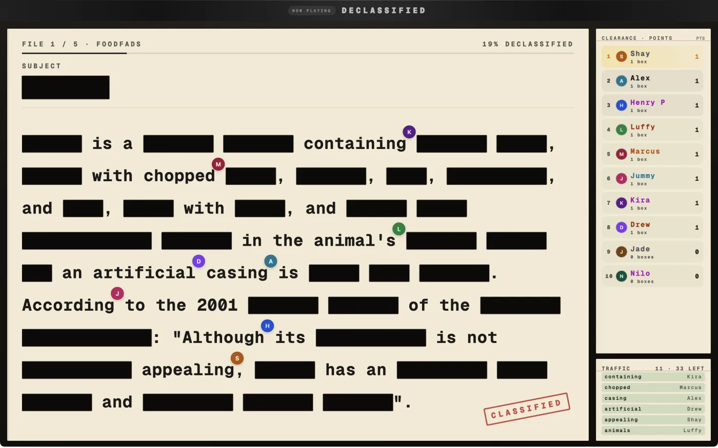 The Declassified stage mid-round, a manila file with most words redacted, avatar badges on the opened words, and the standings and traffic log on index cards beside it