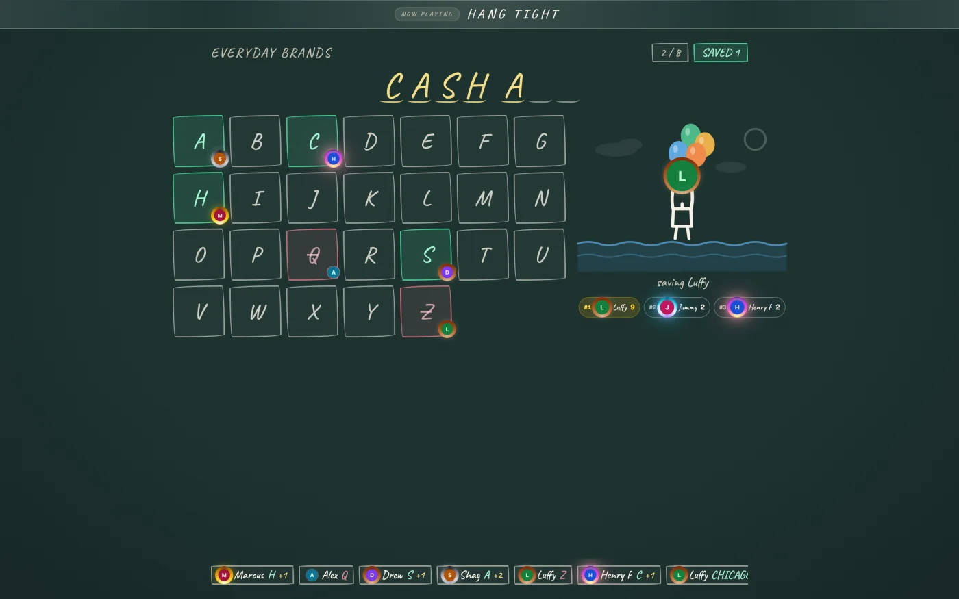 The Hang Tight stage mid-round, with claimed letters on the board and a viewer held up by balloons beside it