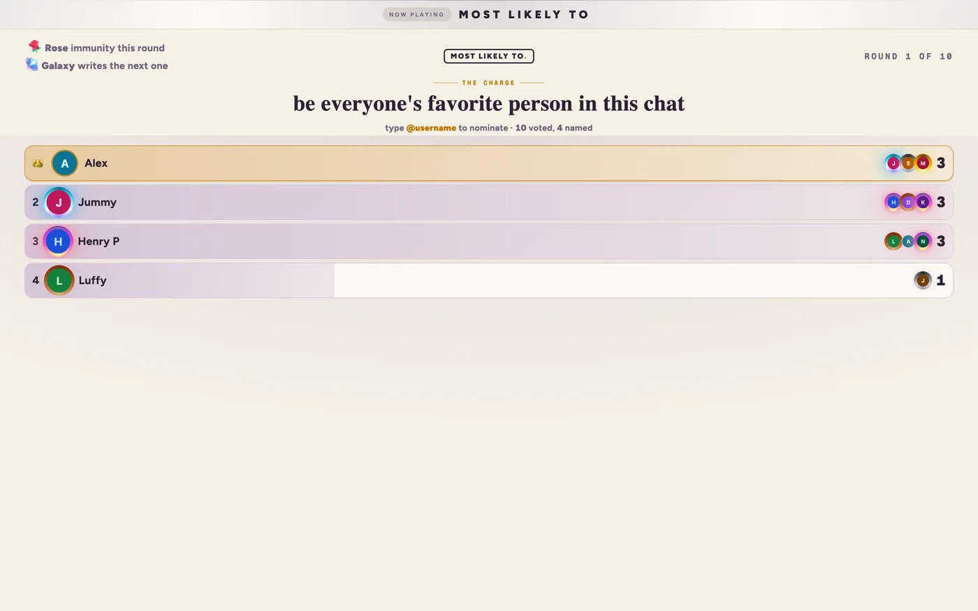 The Most Likely To stage mid-round during a live stream