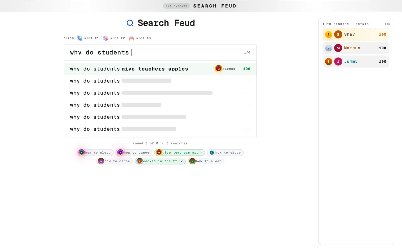 The Search Feud stage mid-round during a live stream