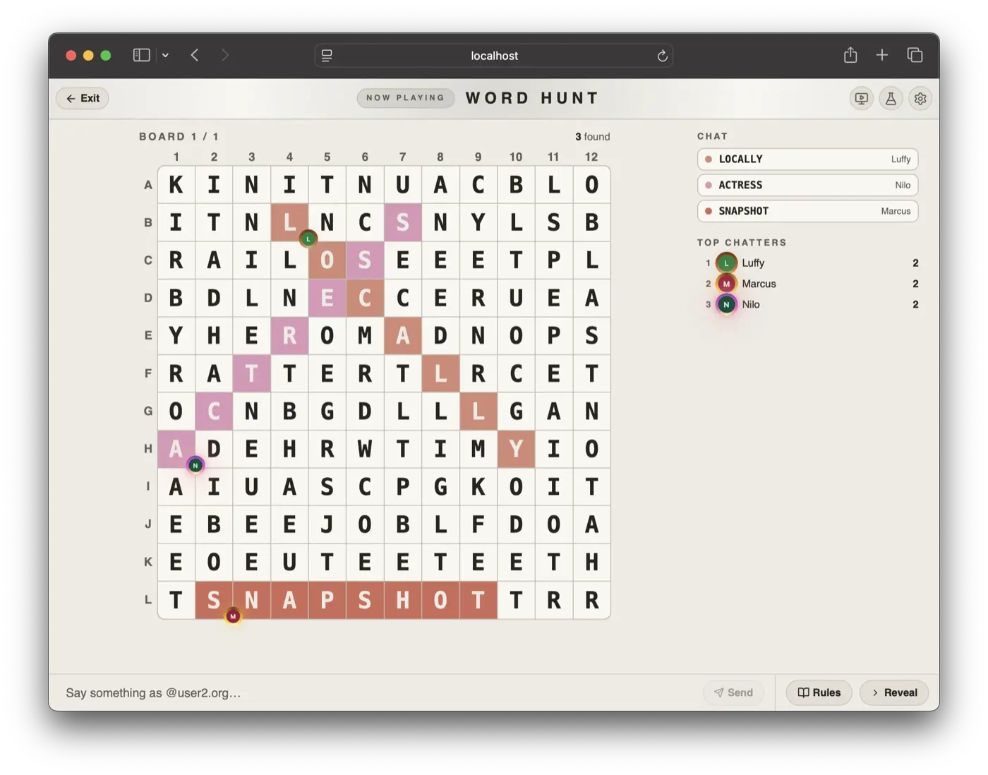 The Word Hunt stage mid-round during a live stream
