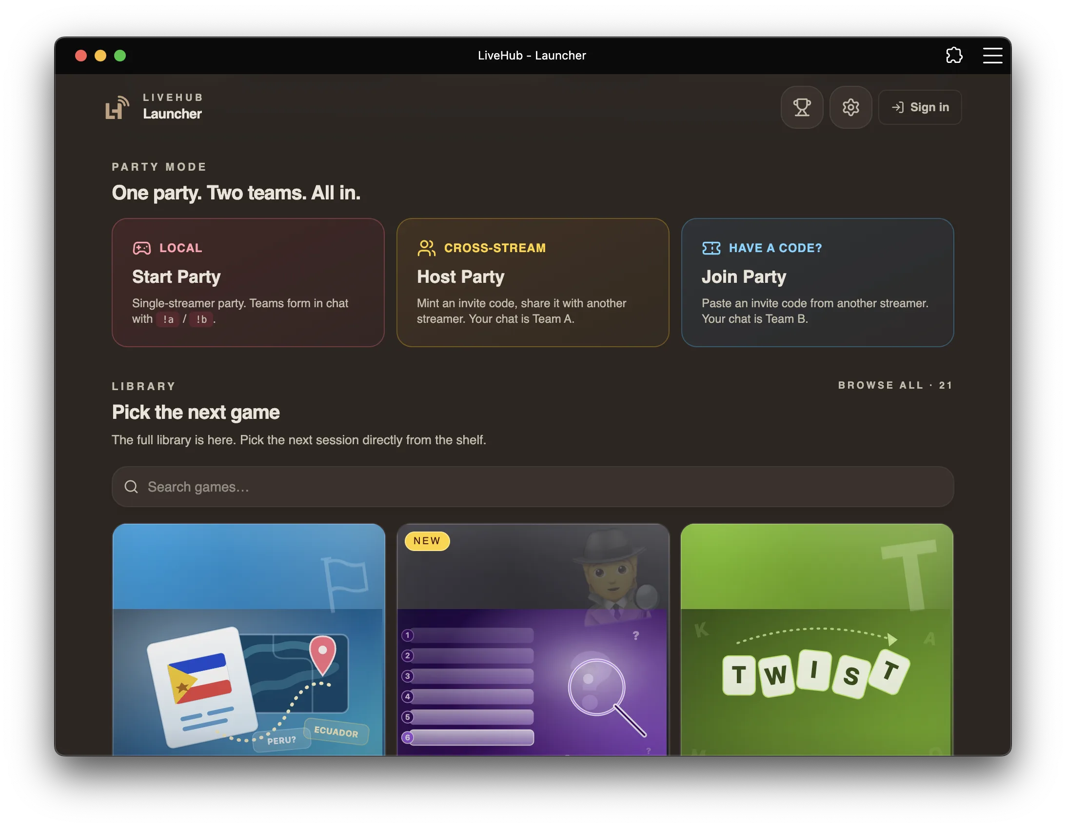 LiveHub launcher showing Party Mode options and the game library