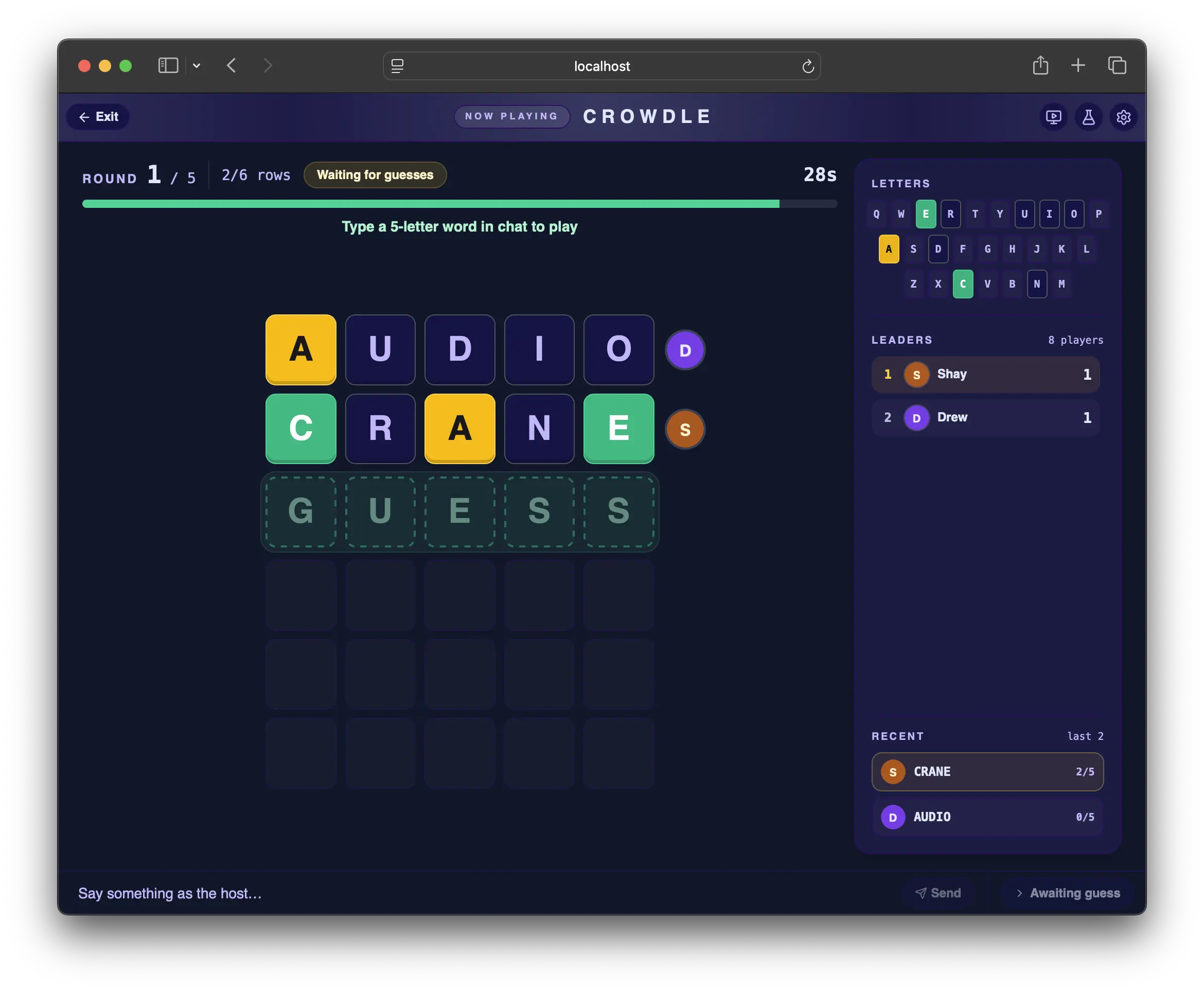 Crowdle — a LiveHub chat game running during a stream